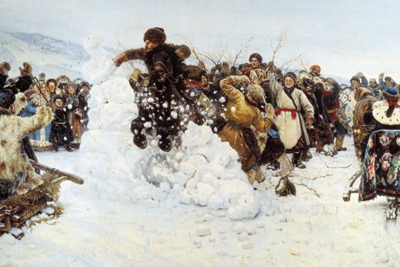 Il famoso quadro "Conquista della fortezza di neve" di Surikov. 